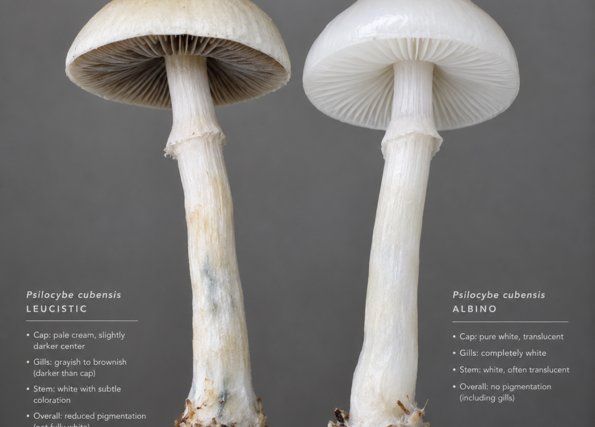 omparación morfológica entre hongo leucista y hongo albino verdadero en Psilocybe cubensis.