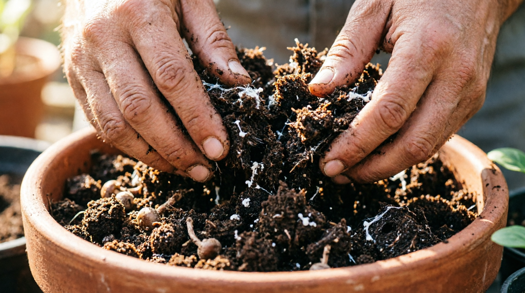 Mezcla de sustrato agotado de hongos (SMS) compostado con tierra para mejorar la retención de agua y nutrientes.