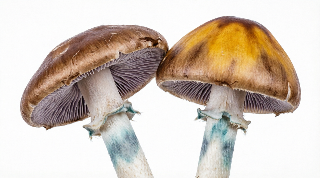 Comparación morfológica entre Psilocybe natalensis y Psilocybe ochraceocentrata mostrando diferencias en el color del sombrero.