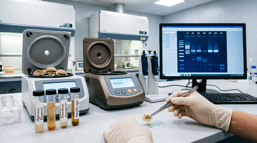 Laboratorio de biología molecular realizando análisis de ADN de especímenes de Psilocybe.